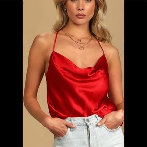 LULU’S Forever Classy Red Satin Cowl Neck Tank Top